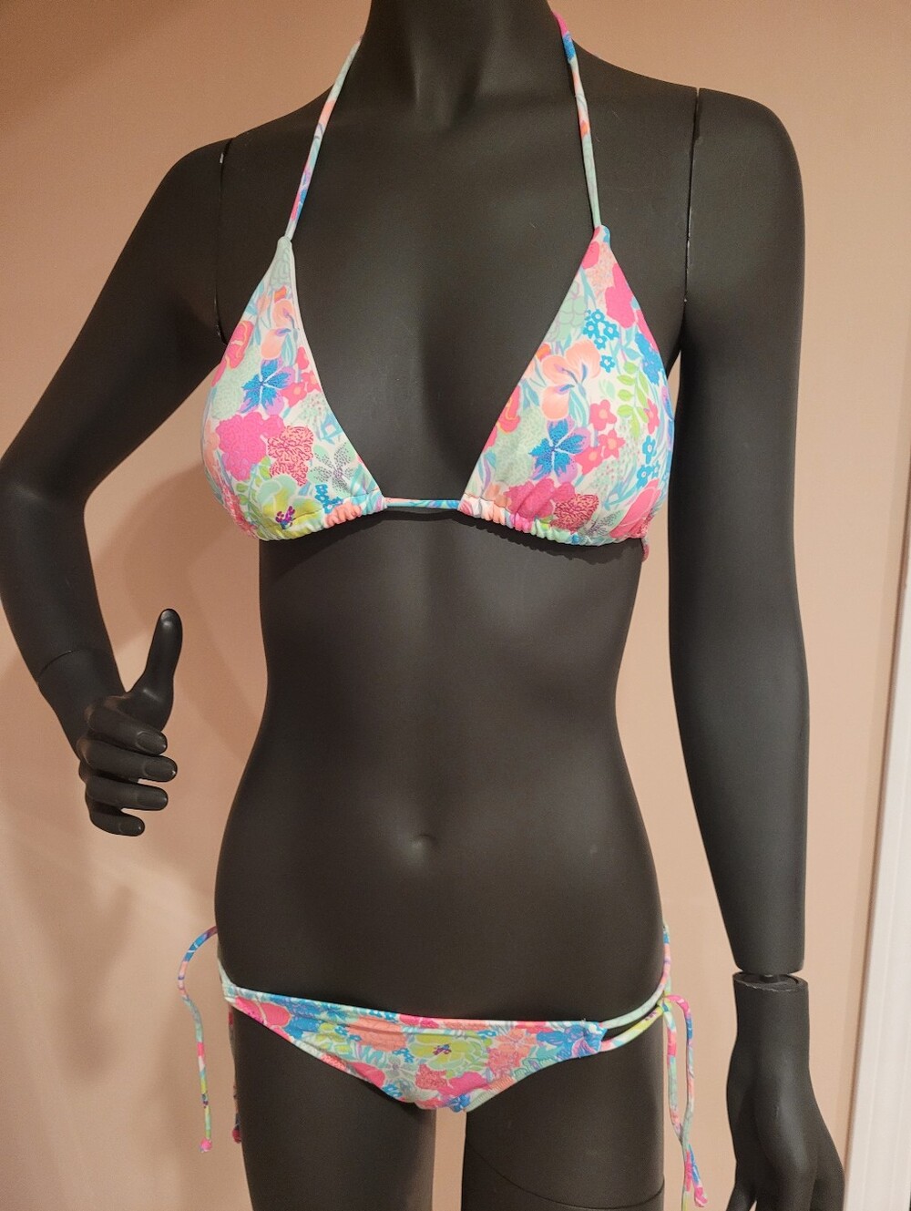 Victoria's Secret Floral Tie-String Bikini - Pink Blue Multi